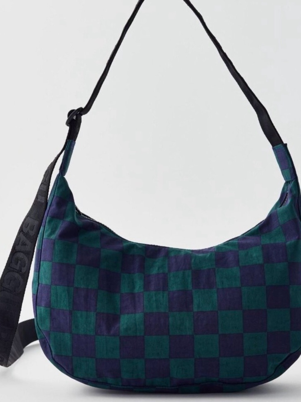 BAGGU Medium Nylon Crescent Bag Navy Green Check NWT